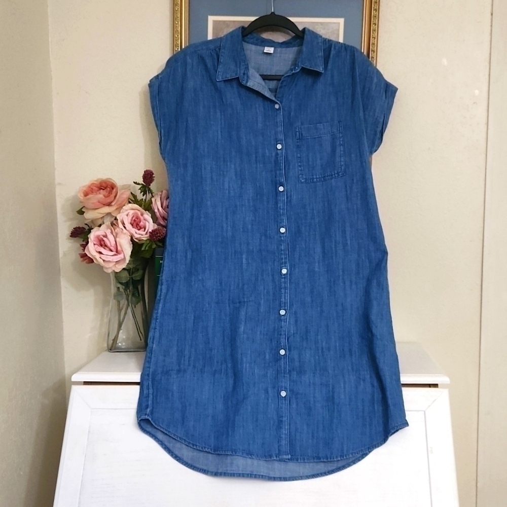 100%Cotton Chambray Cap-Sleeve Shirt Dress Size Medium  Casual Lounge  Coastal - Picture 2 of 11